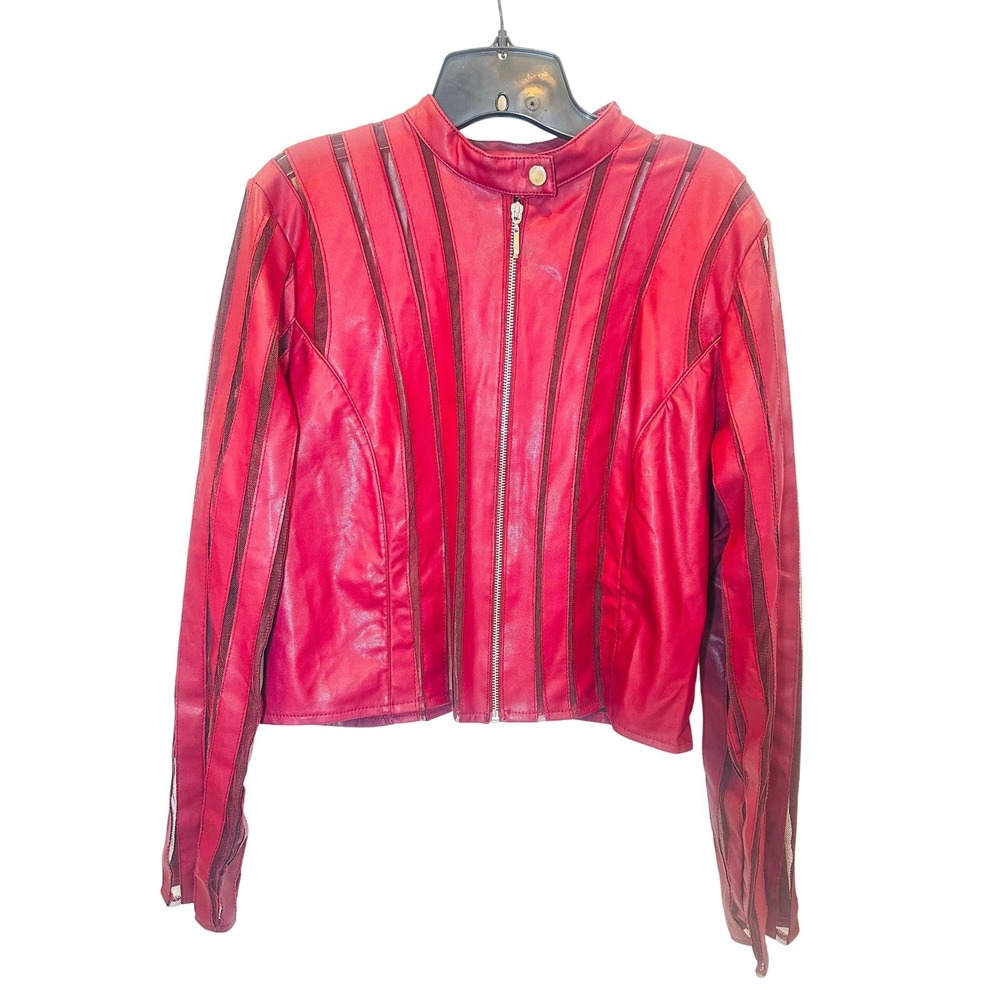 Ashley Stewart Burgundy Faux Leather Mesh Striped Jacket Size 16 Full Zip Edgy